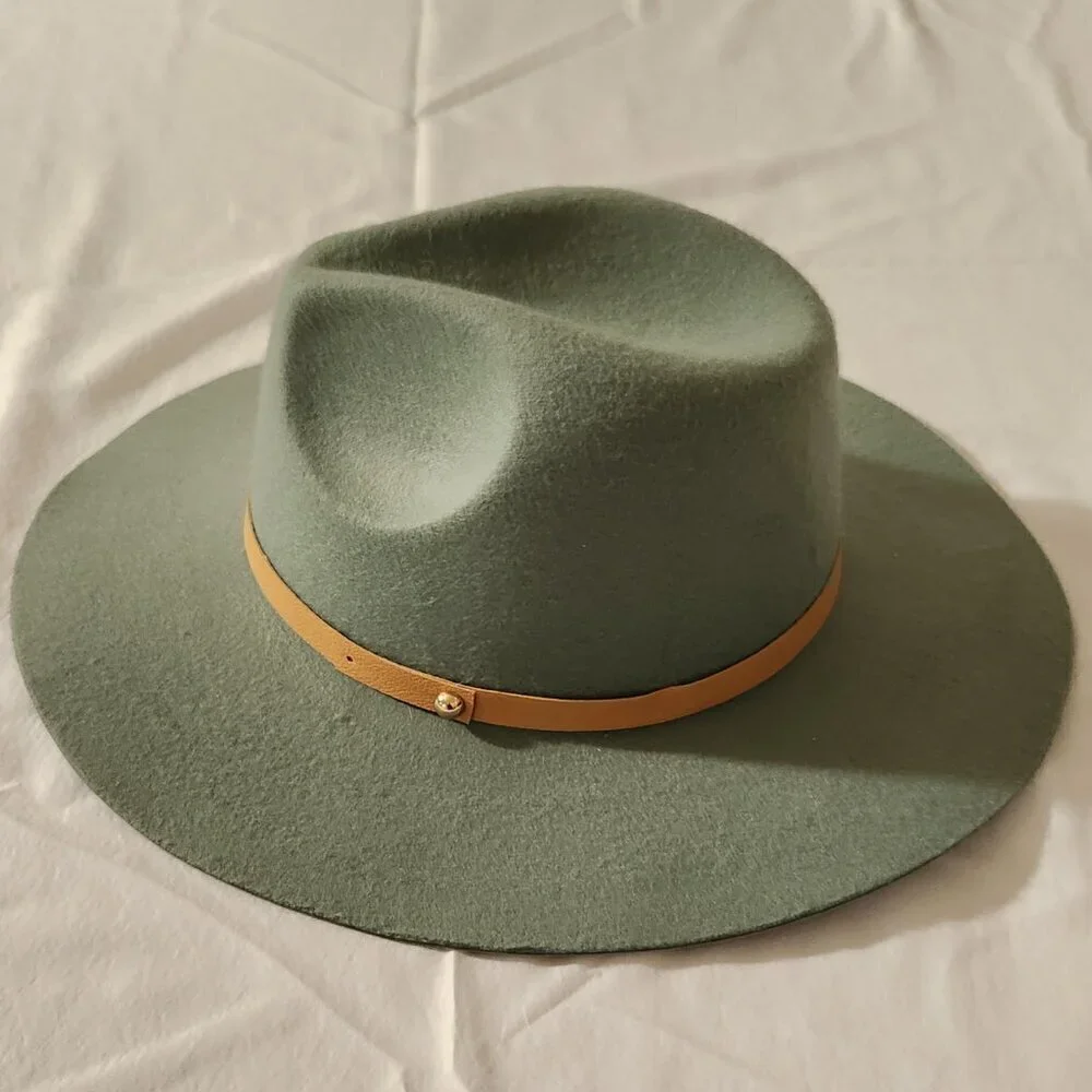 Fedora Hat Sage Green Soft Felt Pinched Crown Wide Brim Unisex Travel Walking